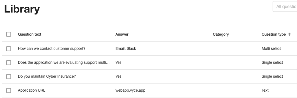 Knowledge library different questionnaire formats in Vyce, including single-select and multi-select options with comments